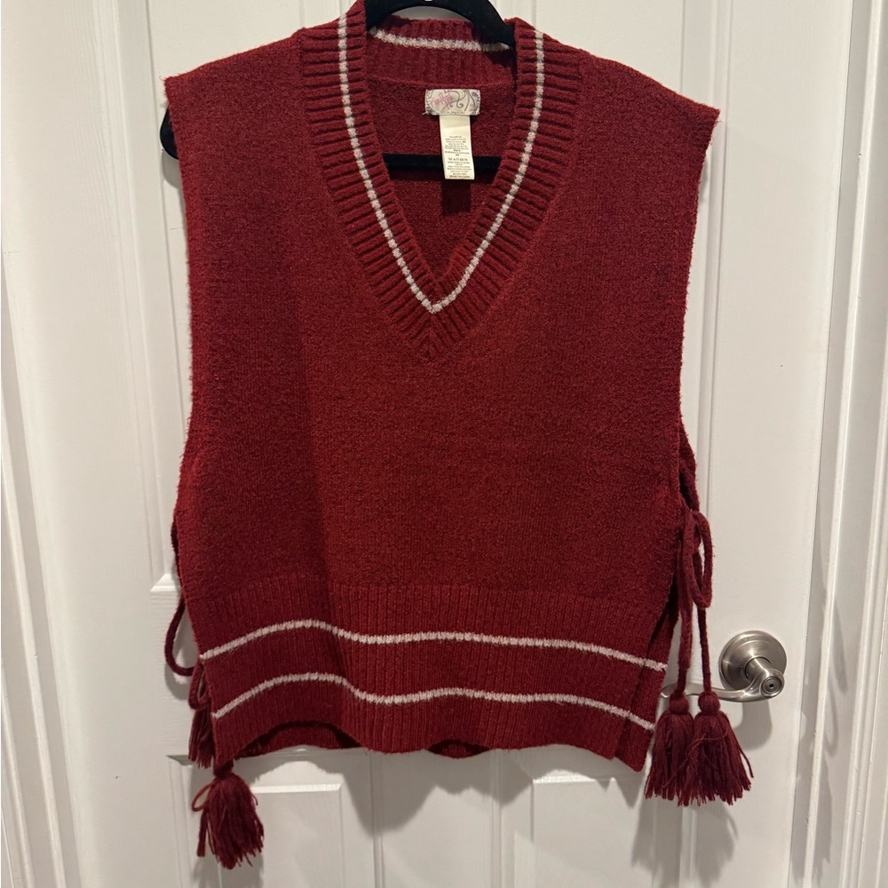 Free People Cozy V-Neck Wine Sweater Vest One Size